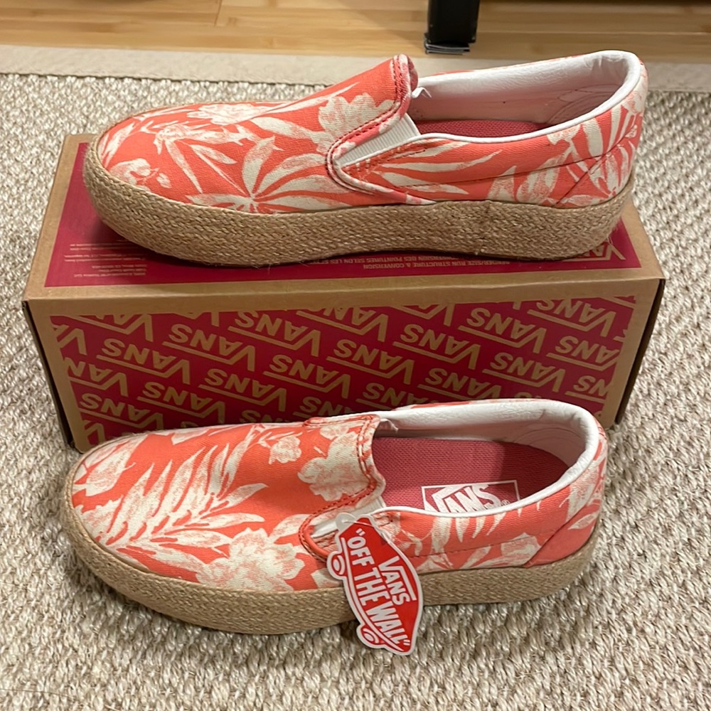 Vans Coral and Cream Floral Slip-On Platform Sneakers